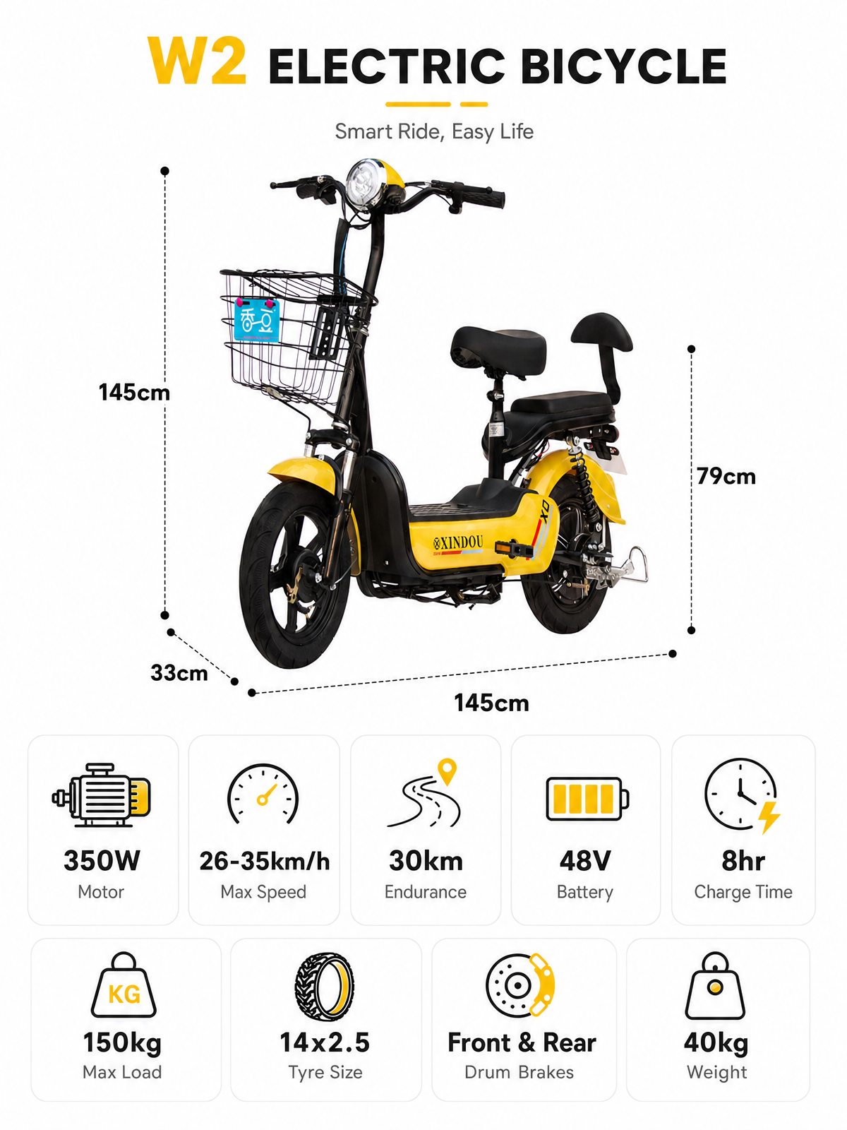 W2 14 Inch Electric Bicycle, Max Speed 25km/h, 350W, 48V Battery
