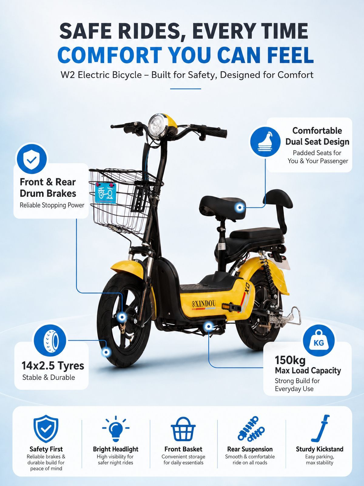 W2 14 Inch Electric Bicycle, Max Speed 25km/h, 350W, 48V Battery