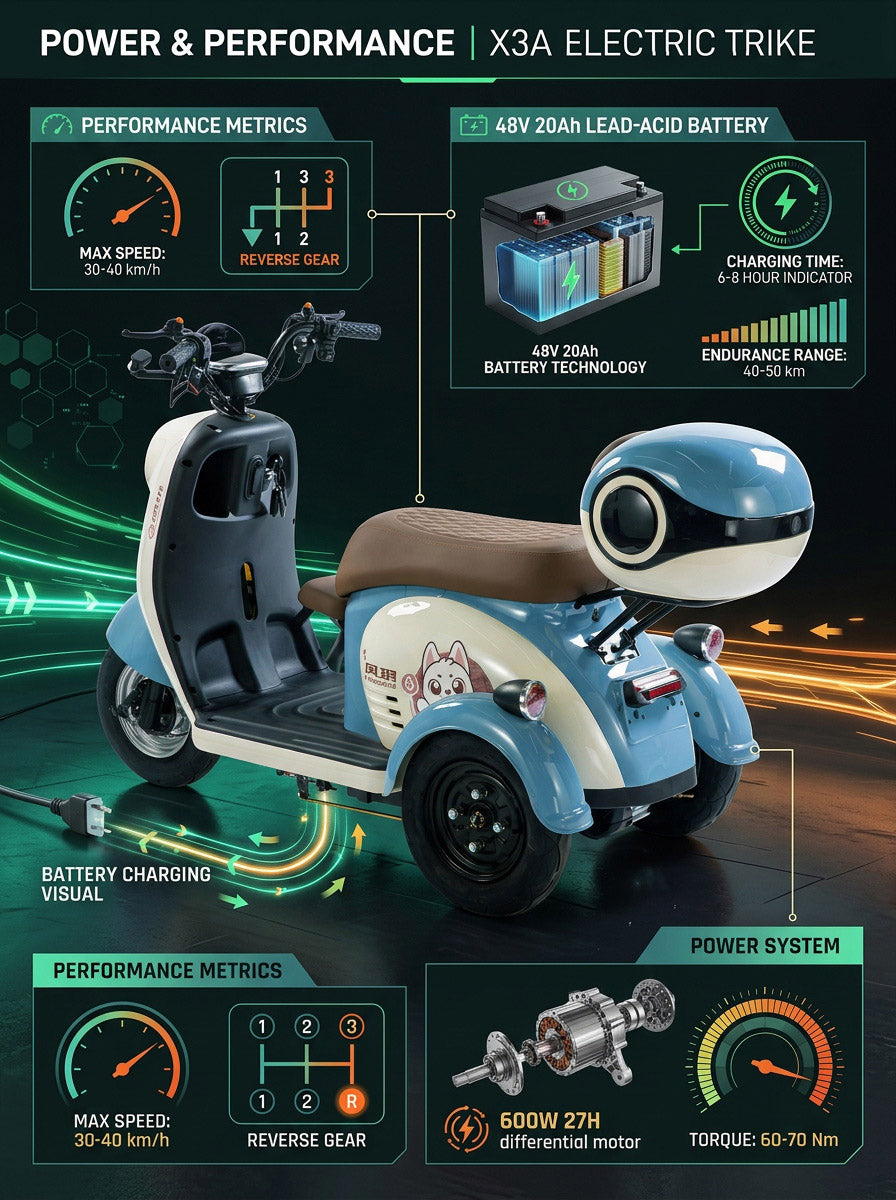 X3A Electric tricycle Electric City Bicycle, Max Speed 25km/h, 600W, 48V20Ah Battery