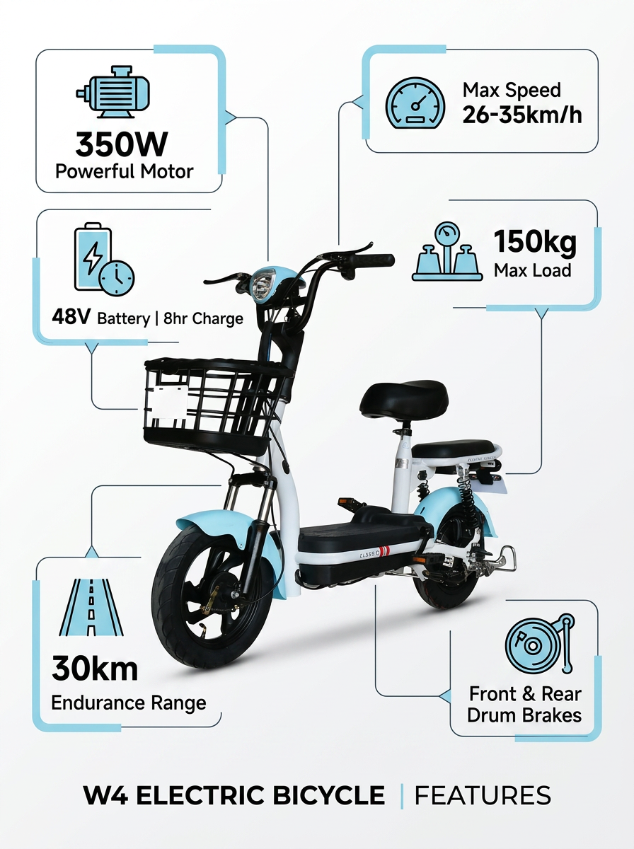 W4 14 Inch Electric Bicycle, Max Speed 25km/h, 350W, 48V Battery