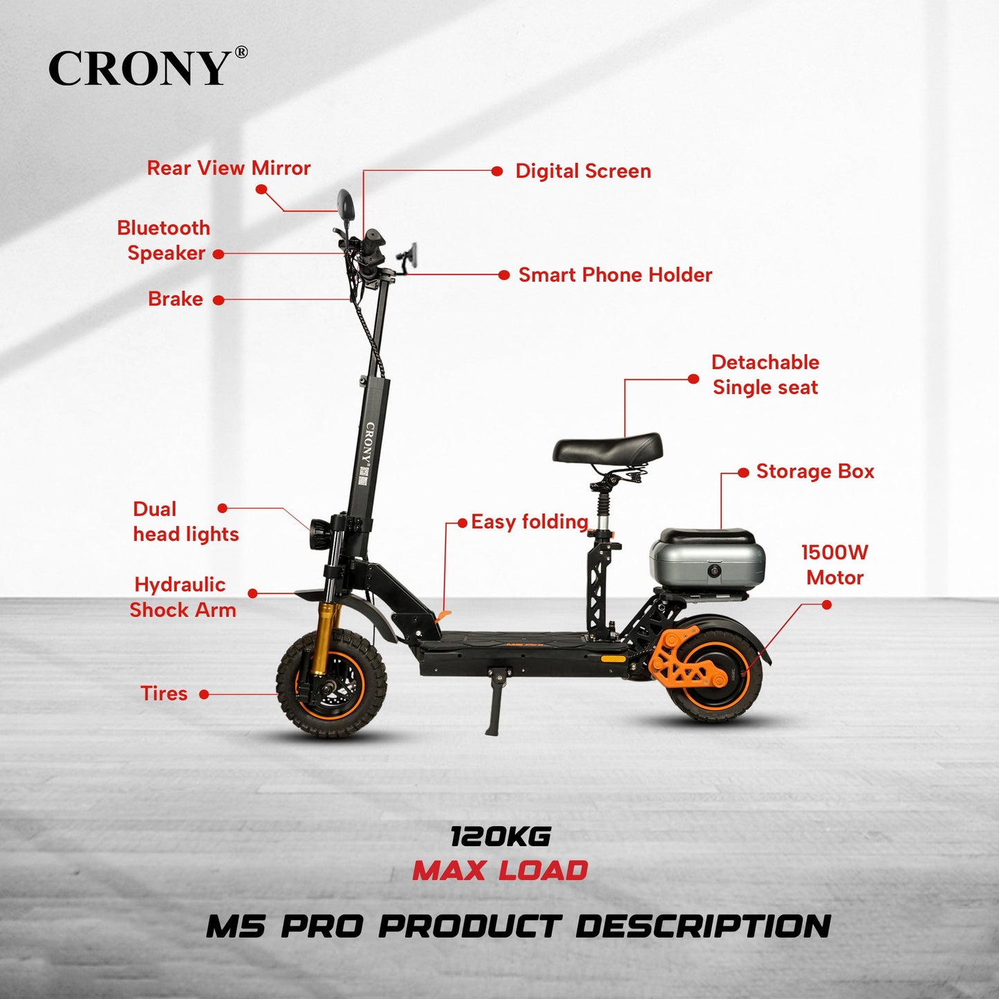 M5 Pro High-Speed Electric Kick Electric scooter, Top Speed 25kmh, 30km Range, 1500W