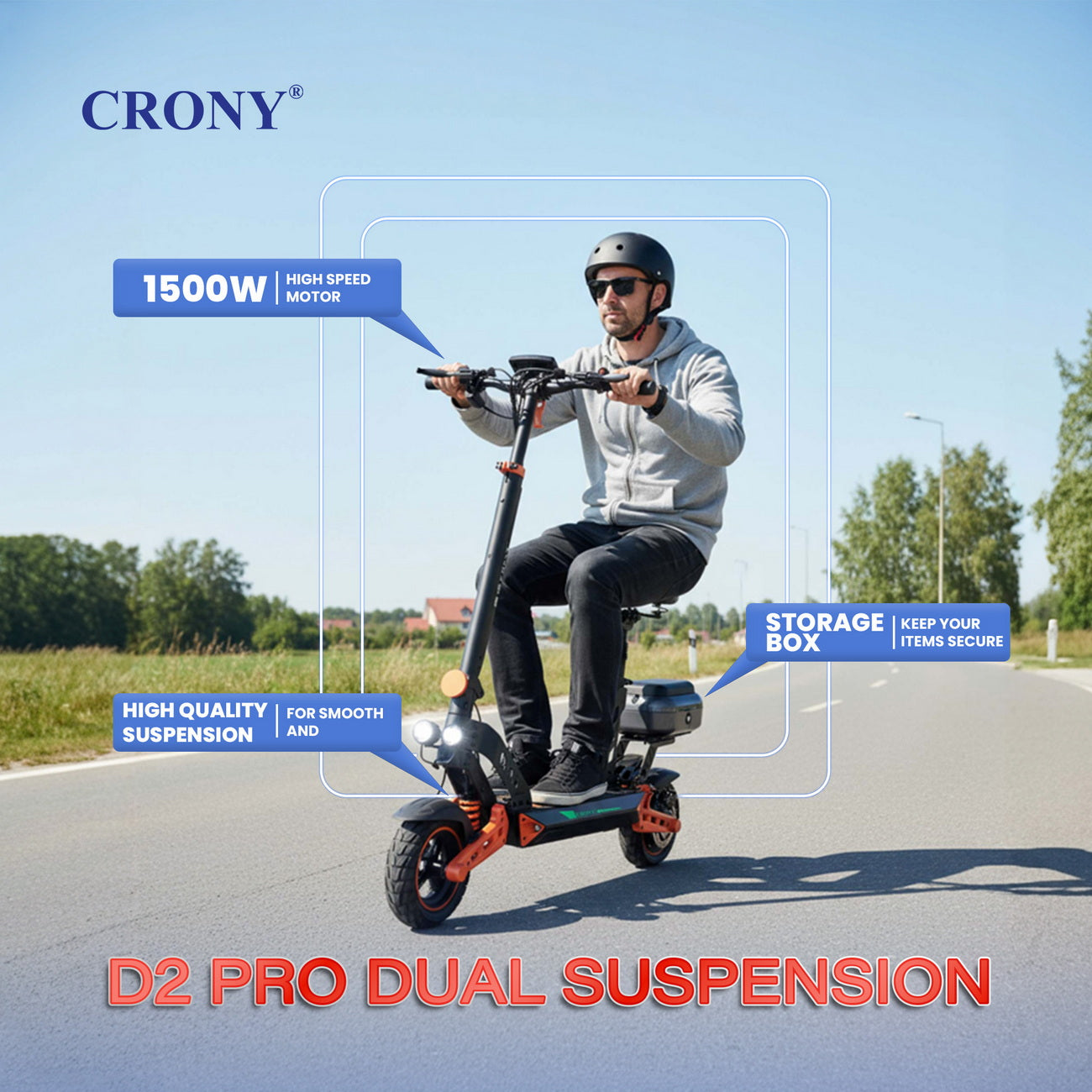 D2 Pro Electric Kick Dual Suspension Electric Scooter, Top Speed 25kmh, 35km Range, 1500W