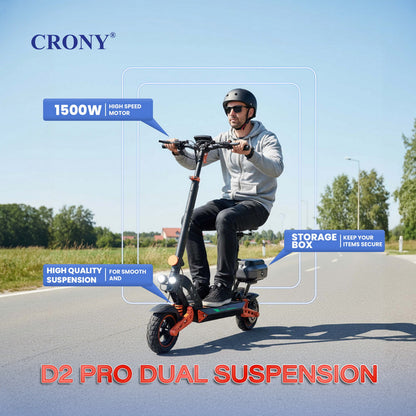 D2 Pro Electric Kick Dual Suspension Electric Scooter, Top Speed 25kmh, 35km Range, 1500W