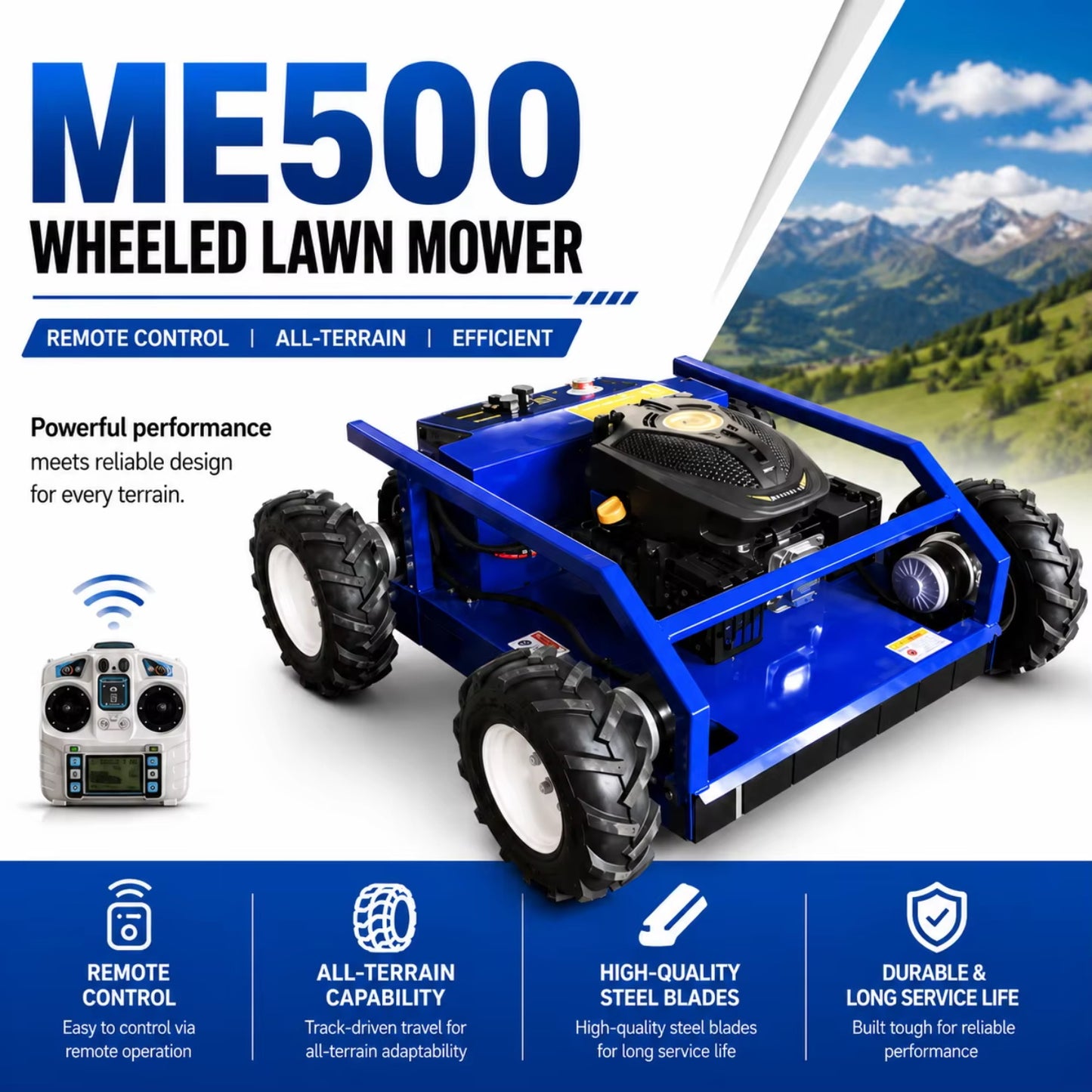 ME500 Wheeled Remote Control Lawn Mower RATO225 Engine 500mm Cutting Width 24V 70Ah 3-4 Hours Runtime