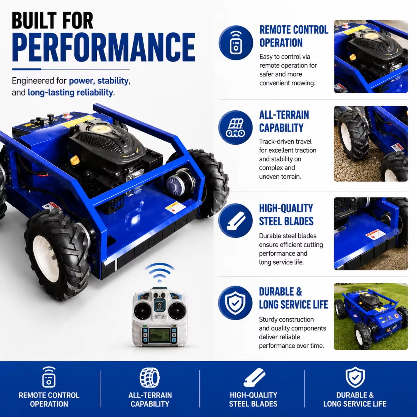 ME500 Wheeled Remote Control Lawn Mower RATO225 Engine 500mm Cutting Width 24V 70Ah 3-4 Hours Runtime