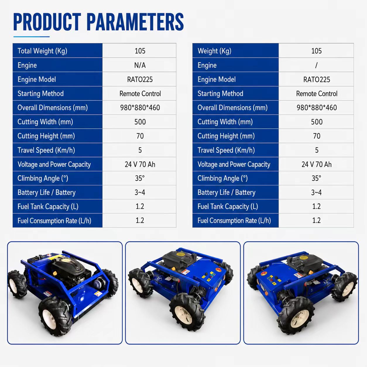 ME500 Wheeled Remote Control Lawn Mower RATO225 Engine 500mm Cutting Width 24V 70Ah 3-4 Hours Runtime