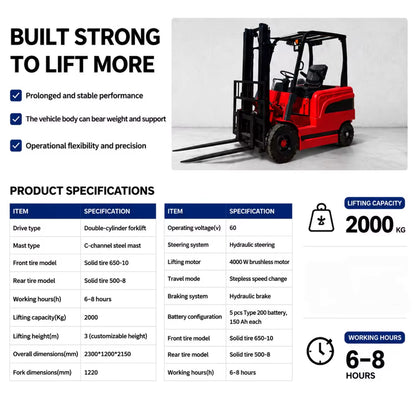 ME20 Electric Forklift 2000kg Lifting Capacity 3m Lift Height 60V 6-8 Hours Working Time