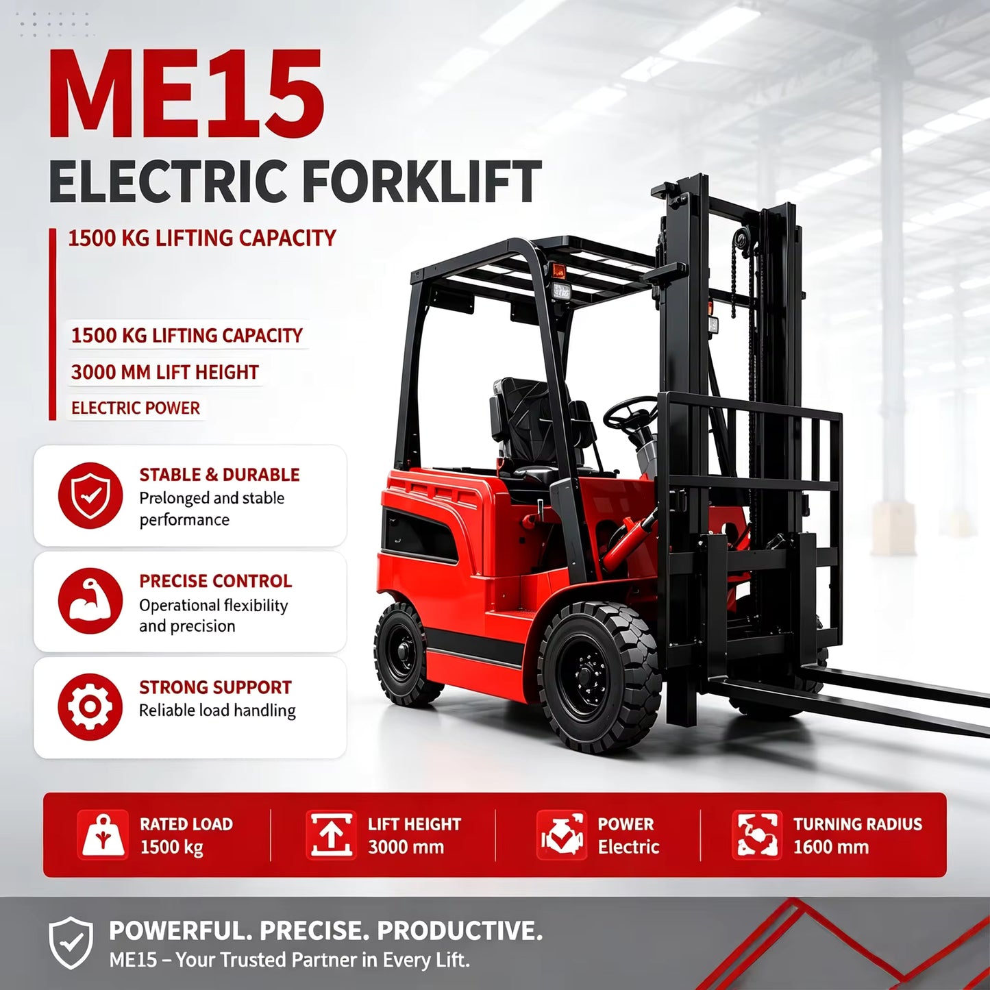 ME15 Electric Forklift 1500kg Lifting Capacity 3m Lift Height 60V 6-8 Hours Working Time