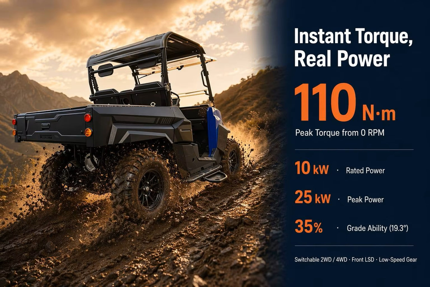 ZT-U E1 PREMIUM Electric UTV Off Road Vehicle 10KW Motor 4WD Switch 73.6V150Ah Battery Electric Lift Cargo Bed EPS Steering 2-3 Seat Utility Vehicle