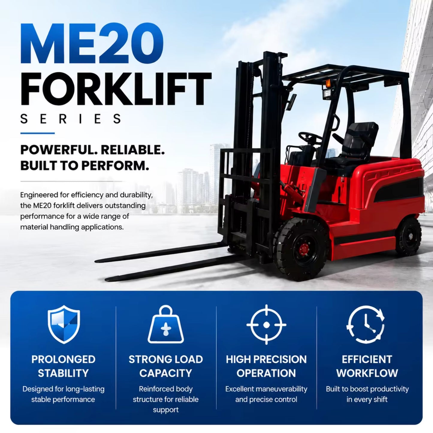 ME20 Electric Forklift 2000kg Lifting Capacity 3m Lift Height 60V 6-8 Hours Working Time