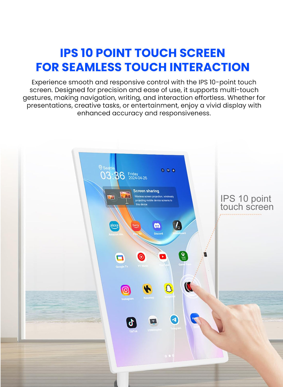 CRONY TX32-1 mobile display 32 Inch Wheeled Portable Monitor with Touch 1080p Built-in Battery Speakers Bluetooth Enabled Advertising display