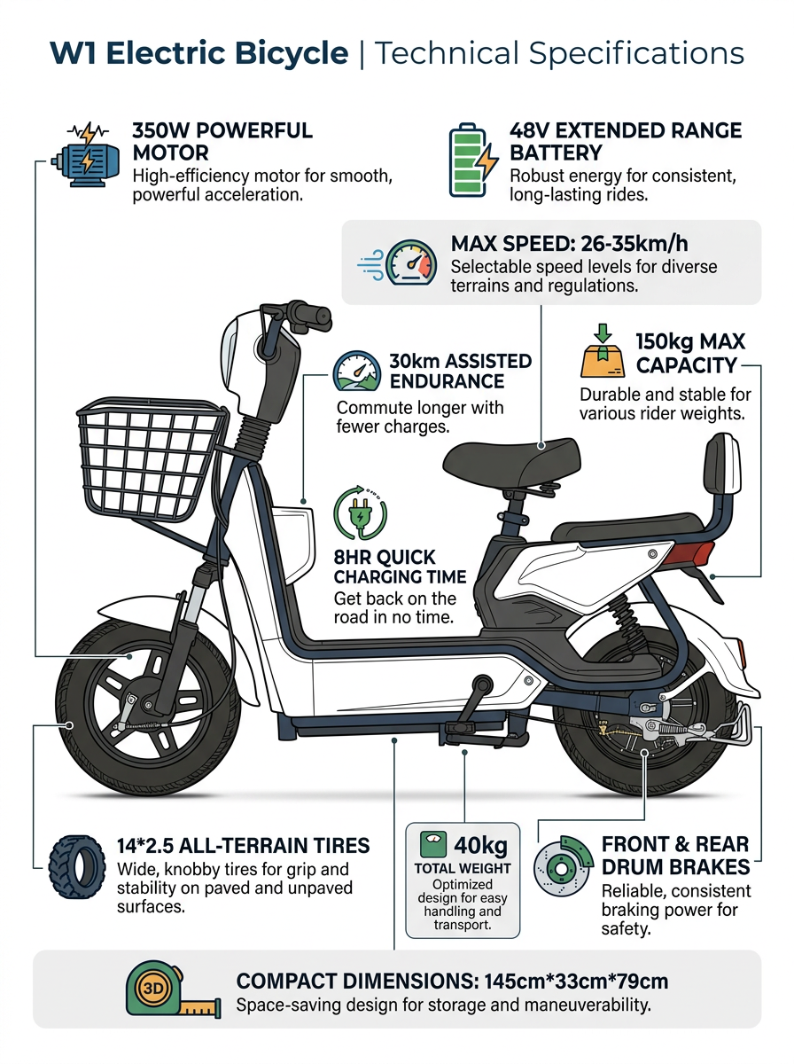 W1 14 Inch Electric Bicycle, Max Speed 25km/h, 350W, 48V Battery