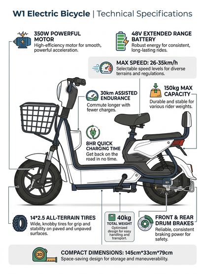 W1 14 Inch Electric Bicycle, Max Speed 25km/h, 350W, 48V Battery
