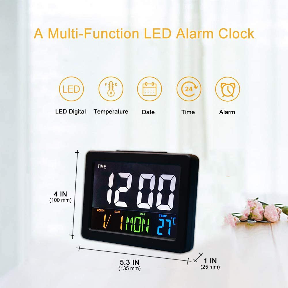 CRONY  GH-2000 Color Electronic Clock Bedside Large Screen LED Alarm Clock with Date, Temperature | White
