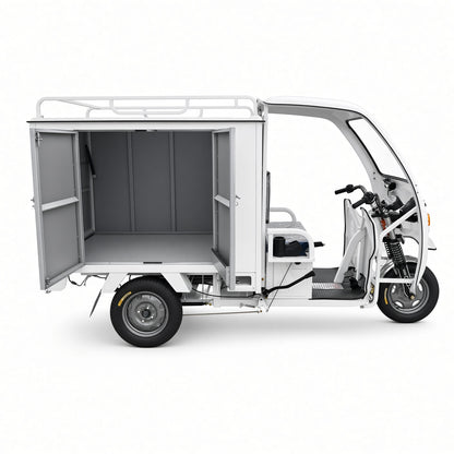 K1-150 Electric Delivery Tricycle 1.5m Enclosed Box 1200W 60V/72V Side+Rear Open 500kg Rated Load
