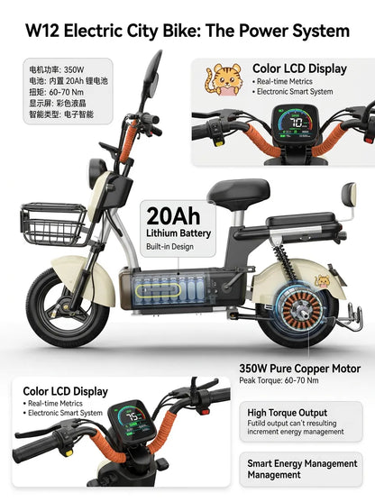 W12 14 Inch Electric Bicycle, Max Assisted Speed 25km/h, 350W, 20Ah