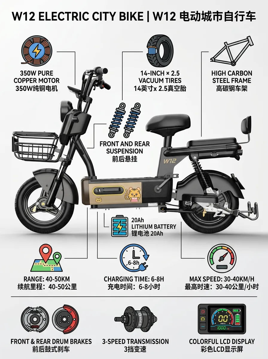 W12 14 Inch Electric Bicycle, Max Assisted Speed 25km/h, 350W, 20Ah